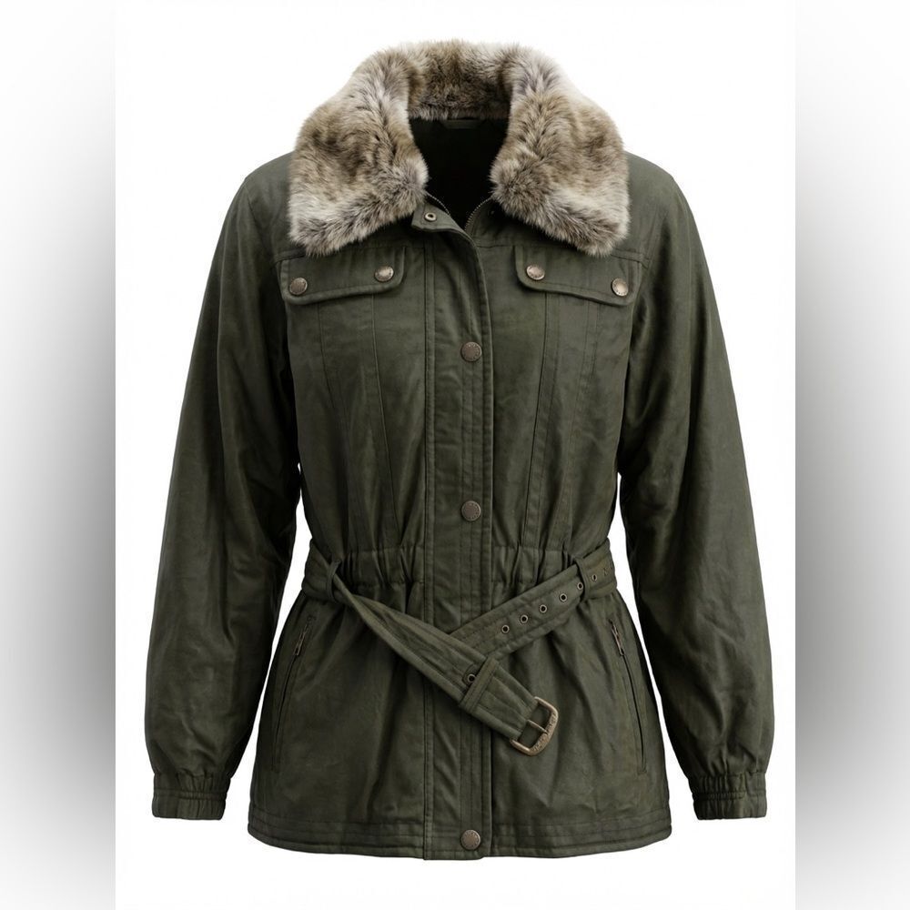 SKEA WOMENS FAUX SUEDE/VELVET AND FUR SKI JACKET SIZE 10 GREEN